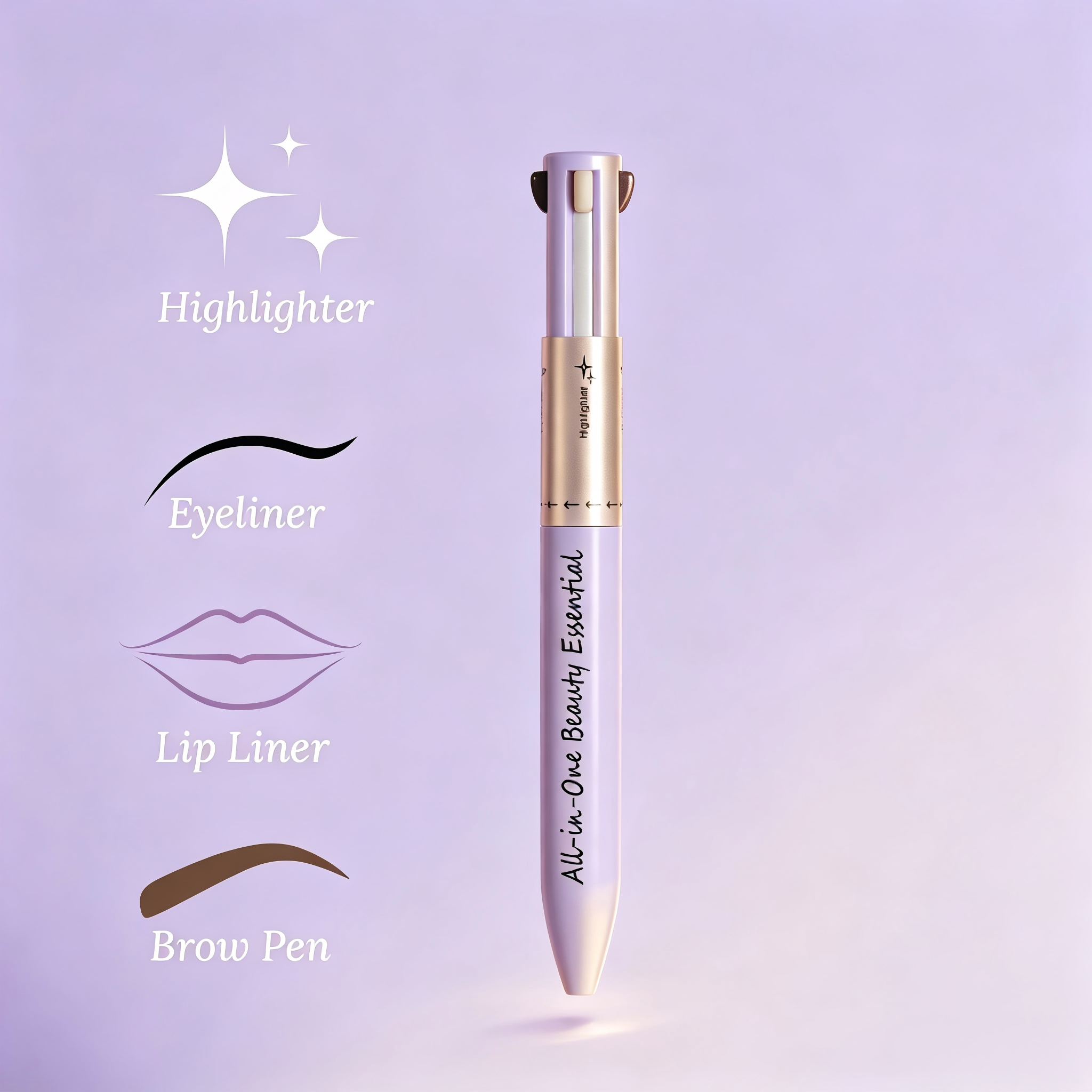 4-in-1 All-in-One Beauty Essential Pen, Multi-Task Makeup Tool with Brow Pen, Eyeliner, Lip Liner & Highlighter, Portable Twist Makeup Pencil for Travel